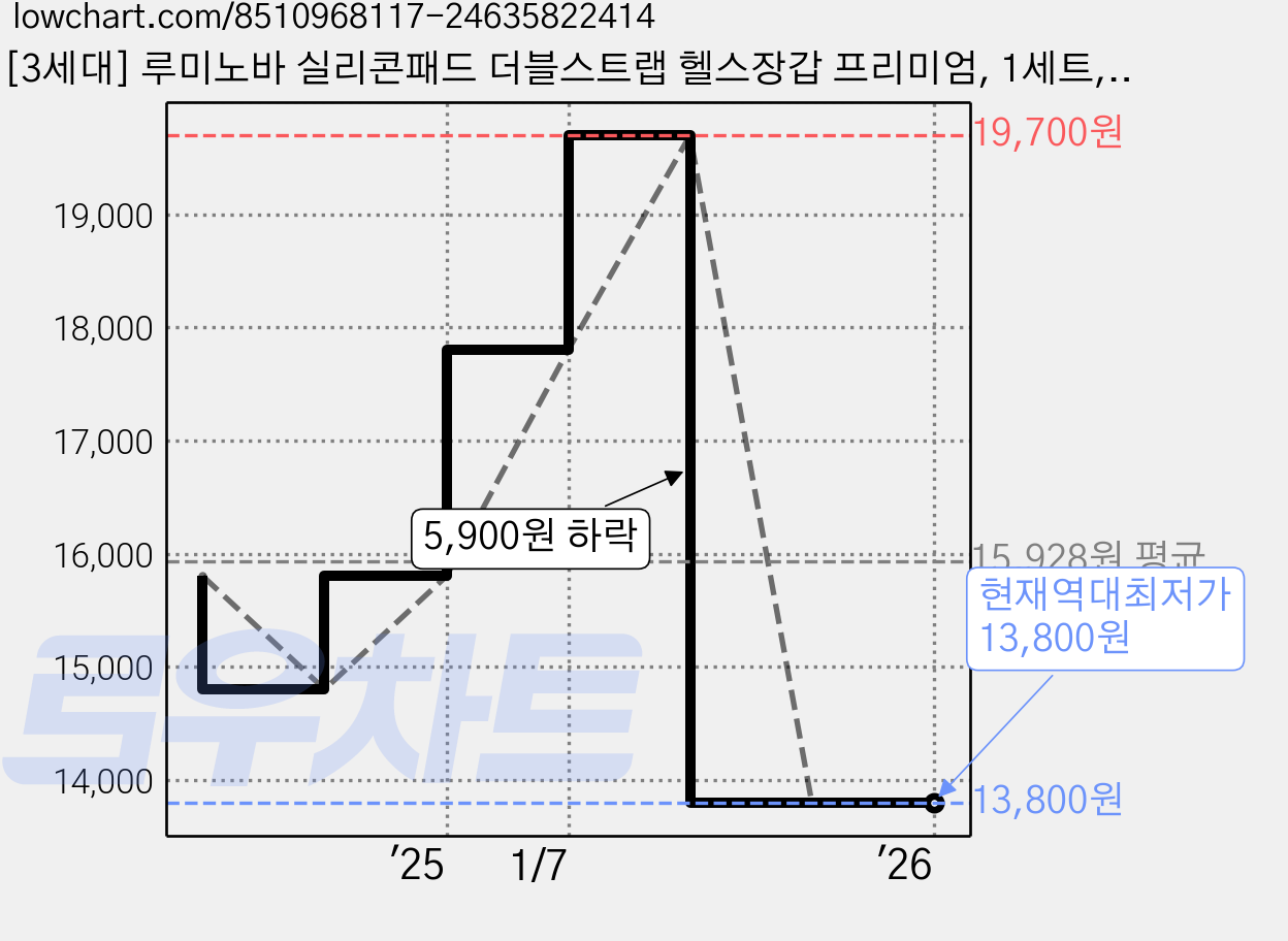 [3세대] 루미노바 실리콘패드 더블스트랩 헬스장갑 프리미엄, 1세트, 블랙 가격 변동 차트, 현재가 13,800원, 역대최저가