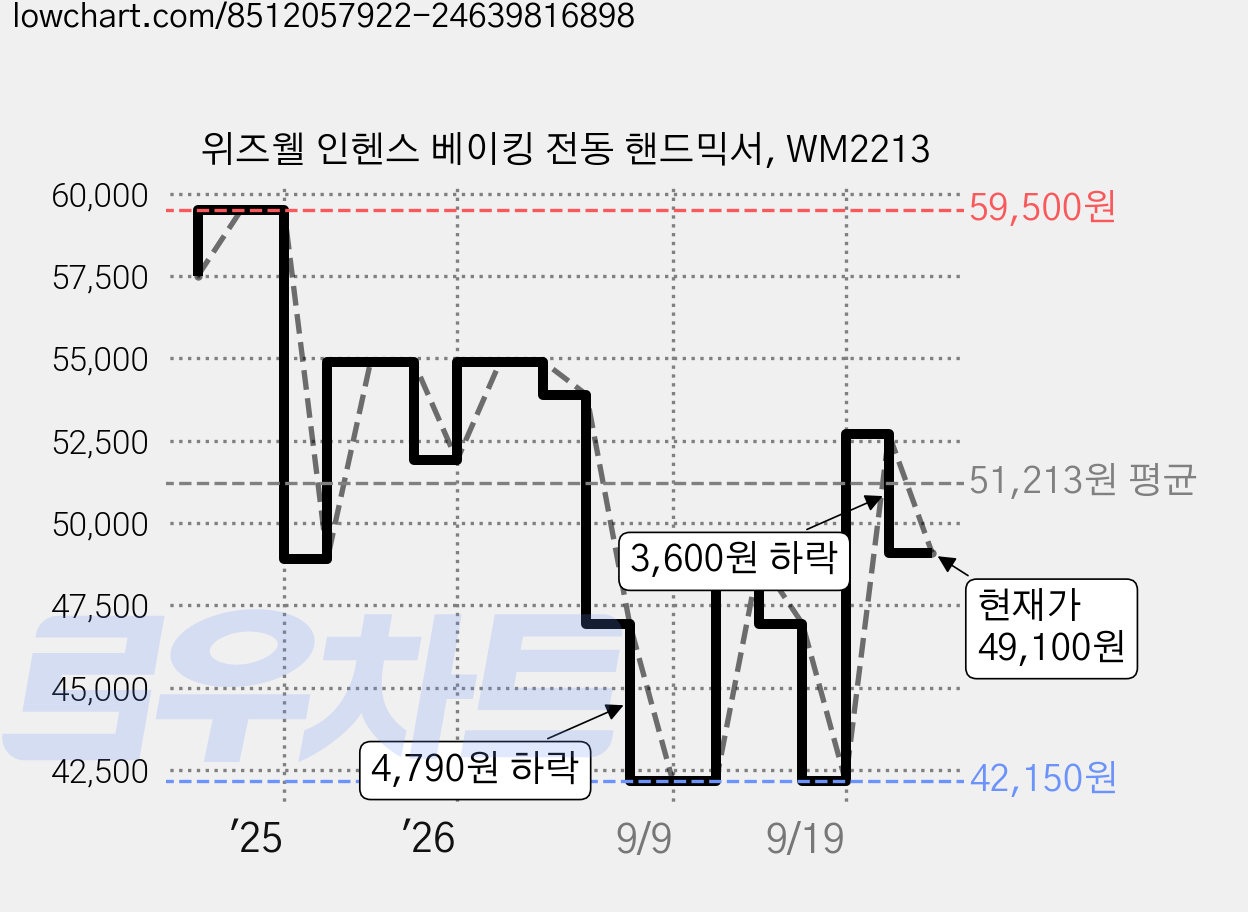 위즈웰 인헨스 베이킹 전동 핸드믹서, WM2213 가격 변동 차트, 현재가 49,100원, 관측 최저가 42,150원