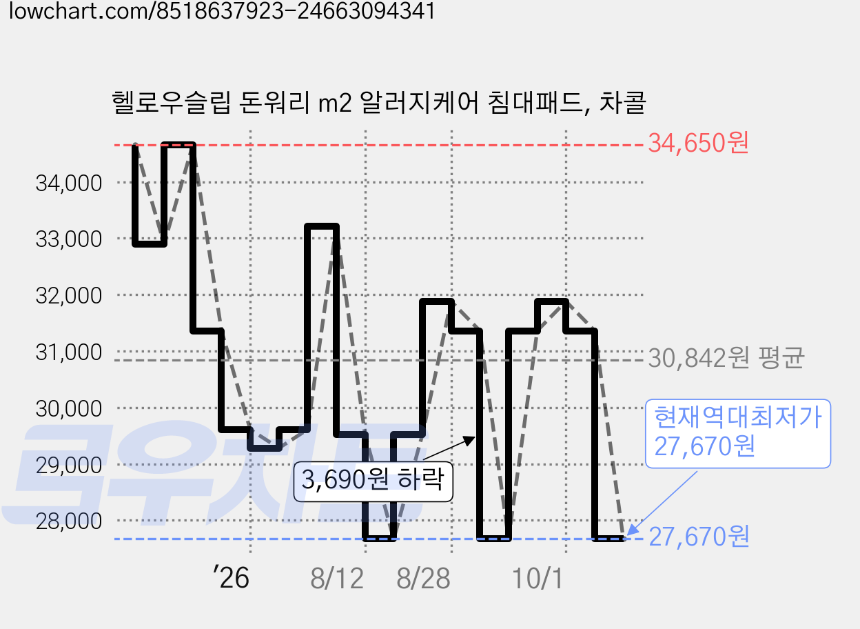헬로우슬립 돈워리 m2 알러지케어 침대패드, 차콜 가격 변동 차트, 현재가 27,670원, 역대최저가