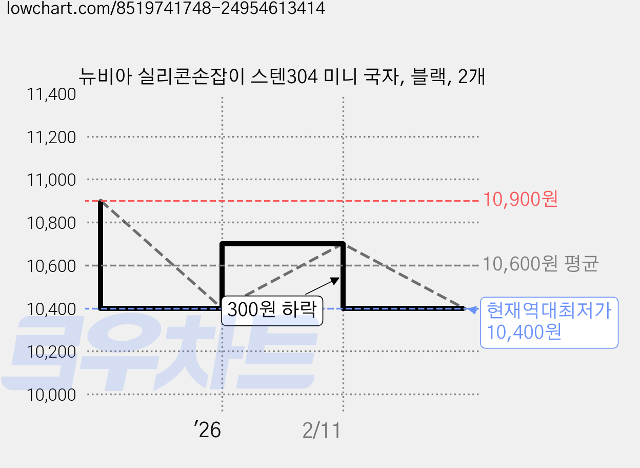뉴비아 실리콘손잡이 스텐304 미니 국자, 블랙, 2개 가격 변동 차트, 현재가 10,400원, 역대최저가