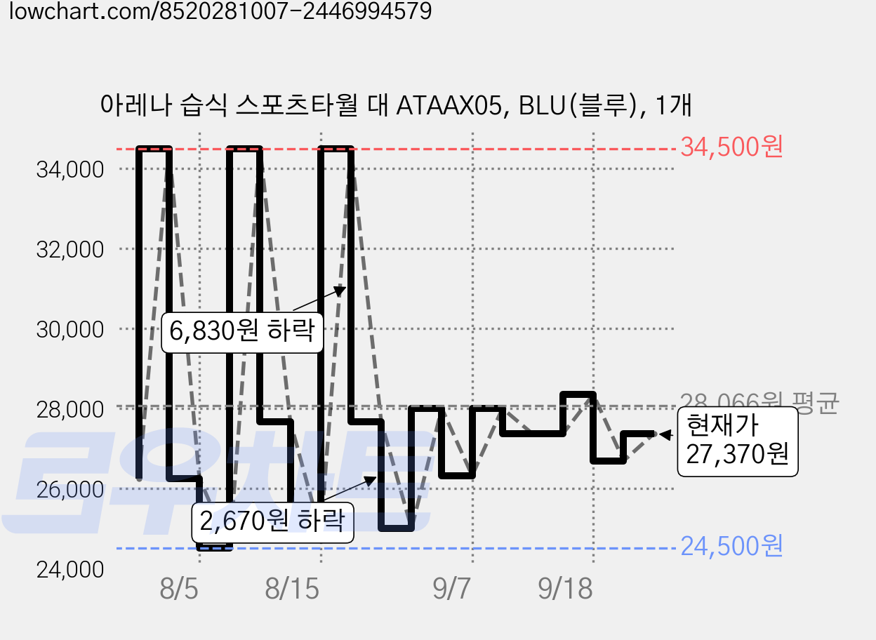 아레나 습식 스포츠타월 대 ATAAX05, BLU(블루), 1개 가격 변동 차트, 현재가 27,370원, 관측 최저가 24,500원