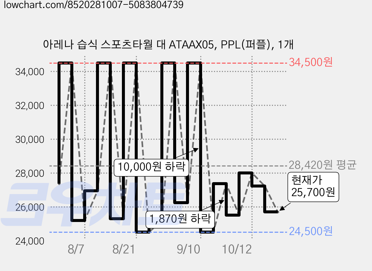 아레나 습식 스포츠타월 대 ATAAX05, PPL(퍼플), 1개 가격 변동 차트, 현재가 25,700원, 관측 최저가 24,420원