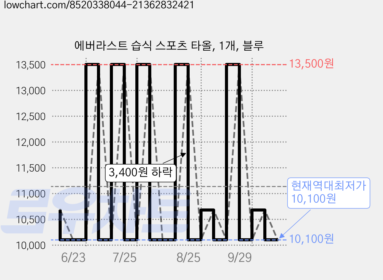 에버라스트 습식 스포츠 타올, 1개, 블루 가격 변동 차트, 현재가 10,100원, 역대최저가