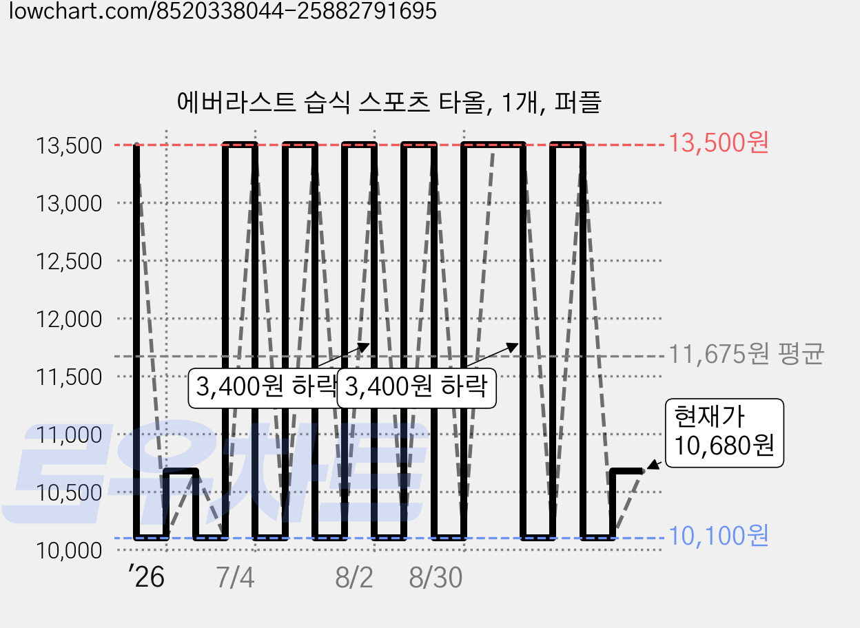 에버라스트 습식 스포츠 타올, 1개, 퍼플 가격 변동 차트, 현재가 10,680원, 관측 최저가 10,100원