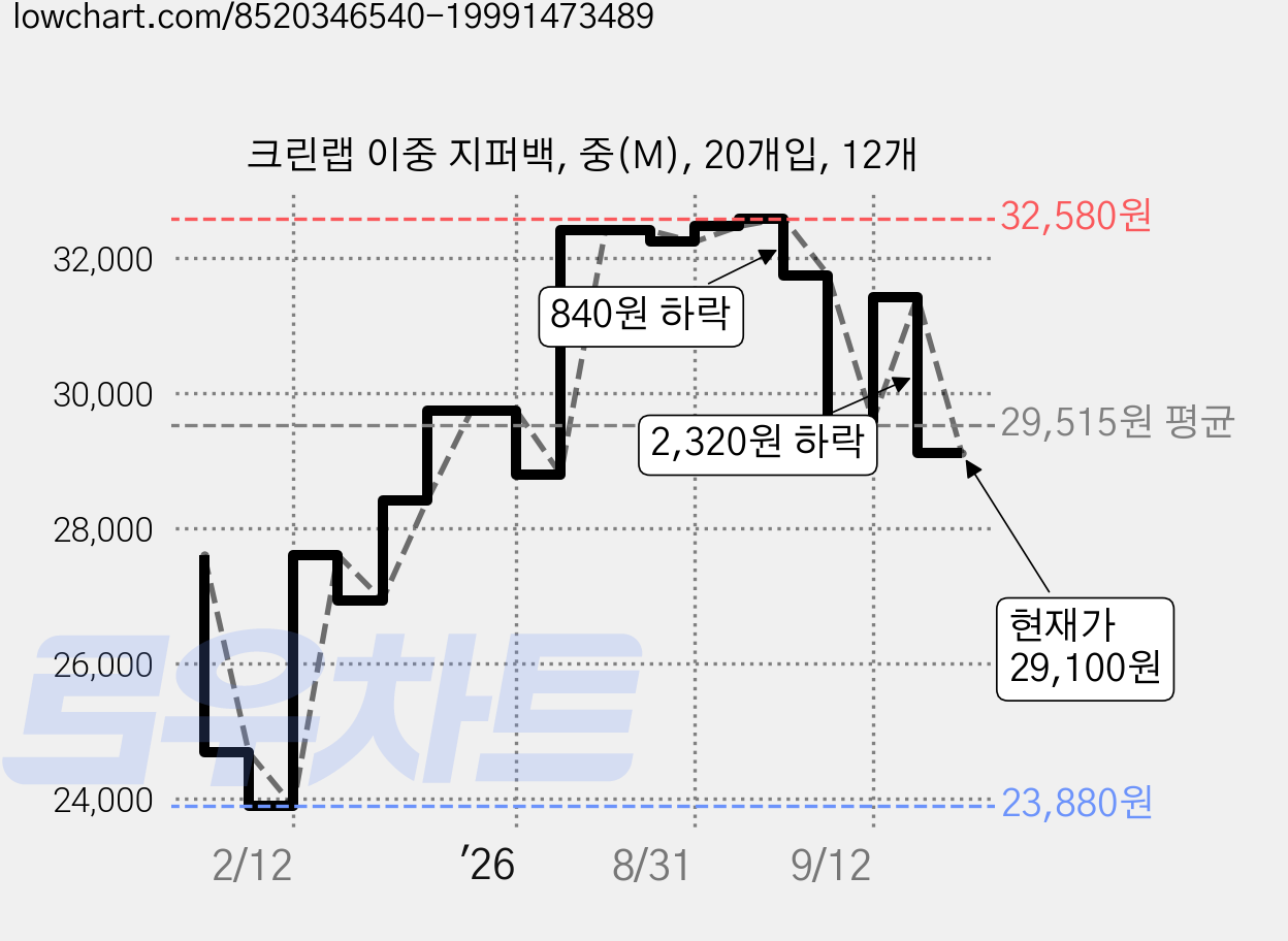 크린랩 이중 지퍼백, 중(M), 20개입, 12개 가격 변동 차트, 현재가 29,100원, 관측 최저가 23,880원