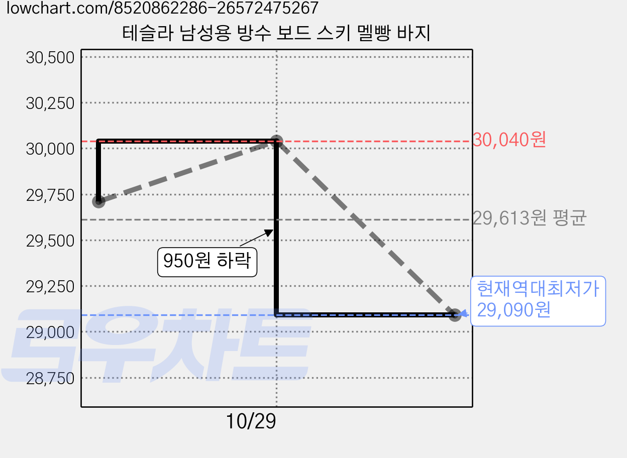 테슬라 남성용 방수 보드 스키 멜빵 바지 가격 변동 차트, 현재가 29,090원, 역대최저가