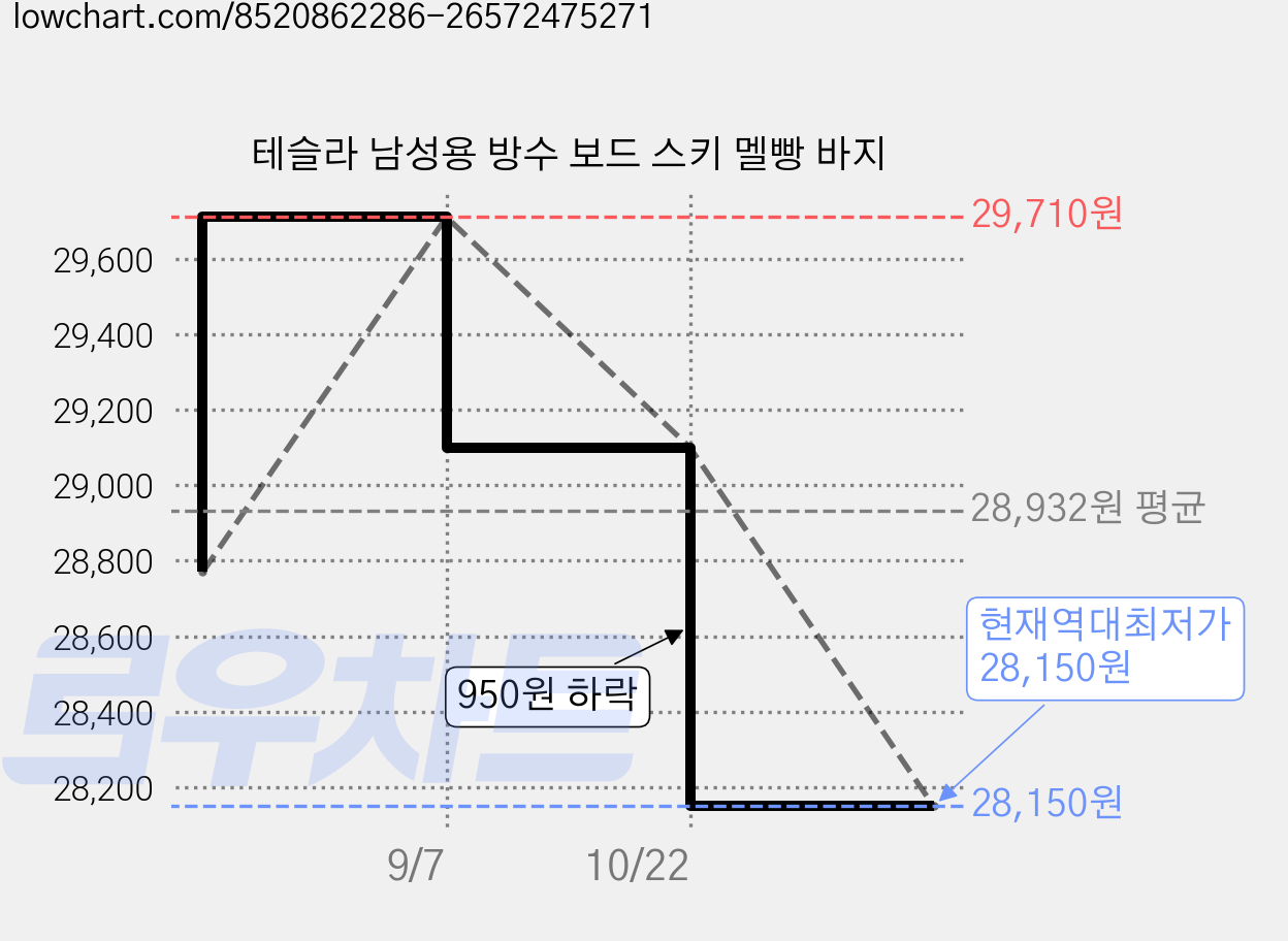 테슬라 남성용 방수 보드 스키 멜빵 바지 가격 변동 차트, 현재가 28,150원, 역대최저가