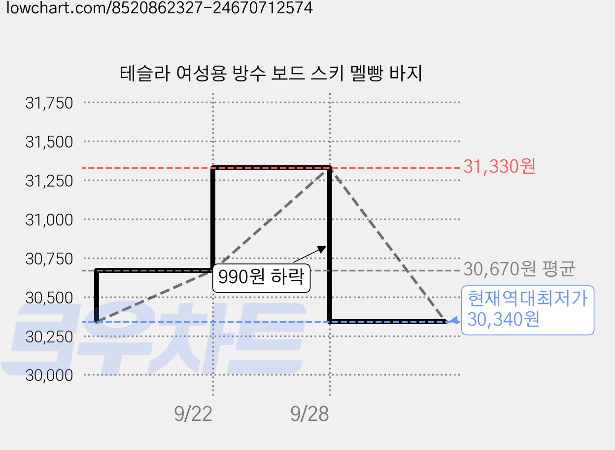 테슬라 여성용 방수 보드 스키 멜빵 바지 가격 변동 차트, 현재가 30,340원, 역대최저가