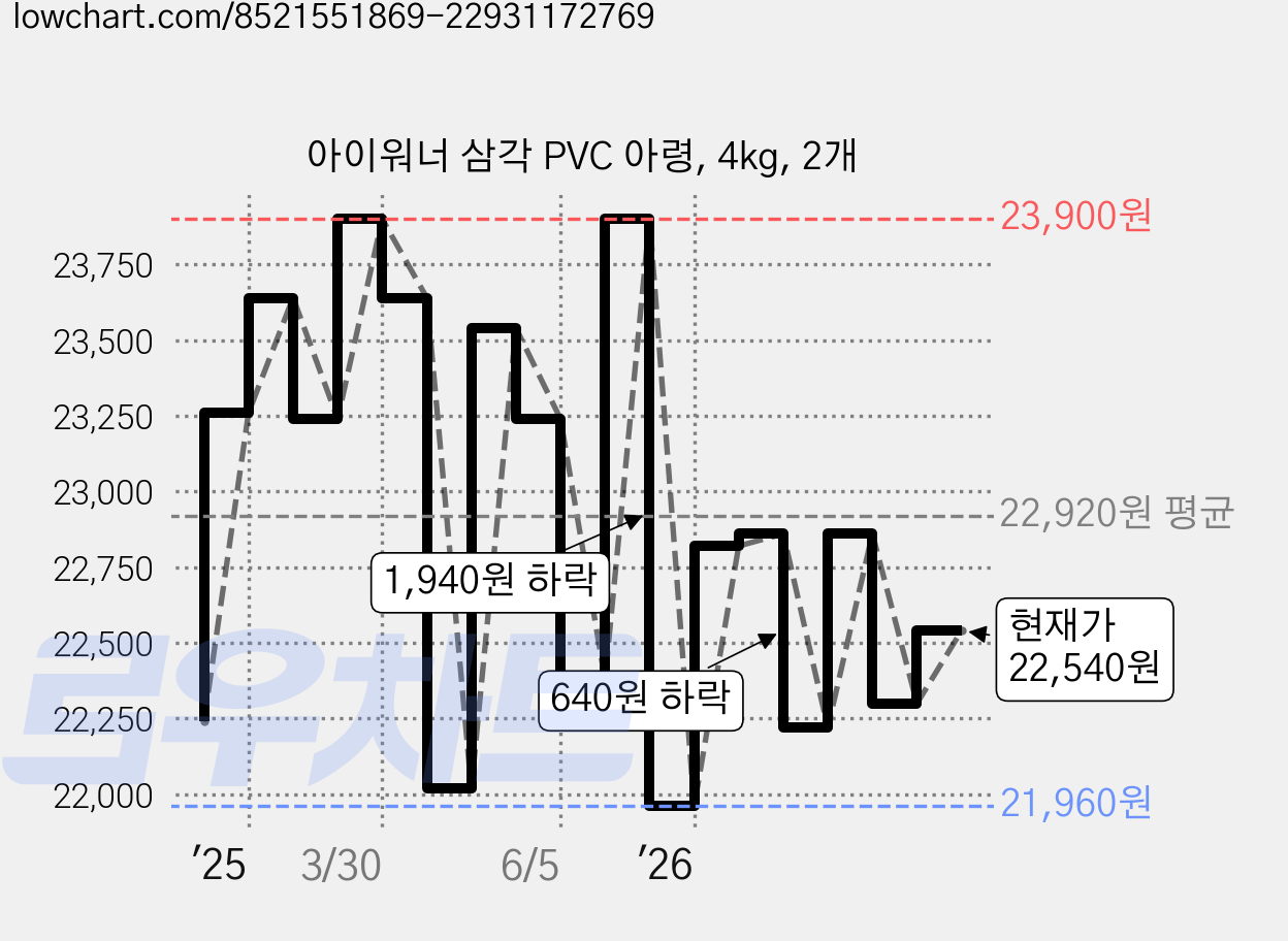아이워너 삼각 PVC 아령, 4kg, 2개 가격 변동 차트, 현재가 22,540원, 관측 최저가 20,820원