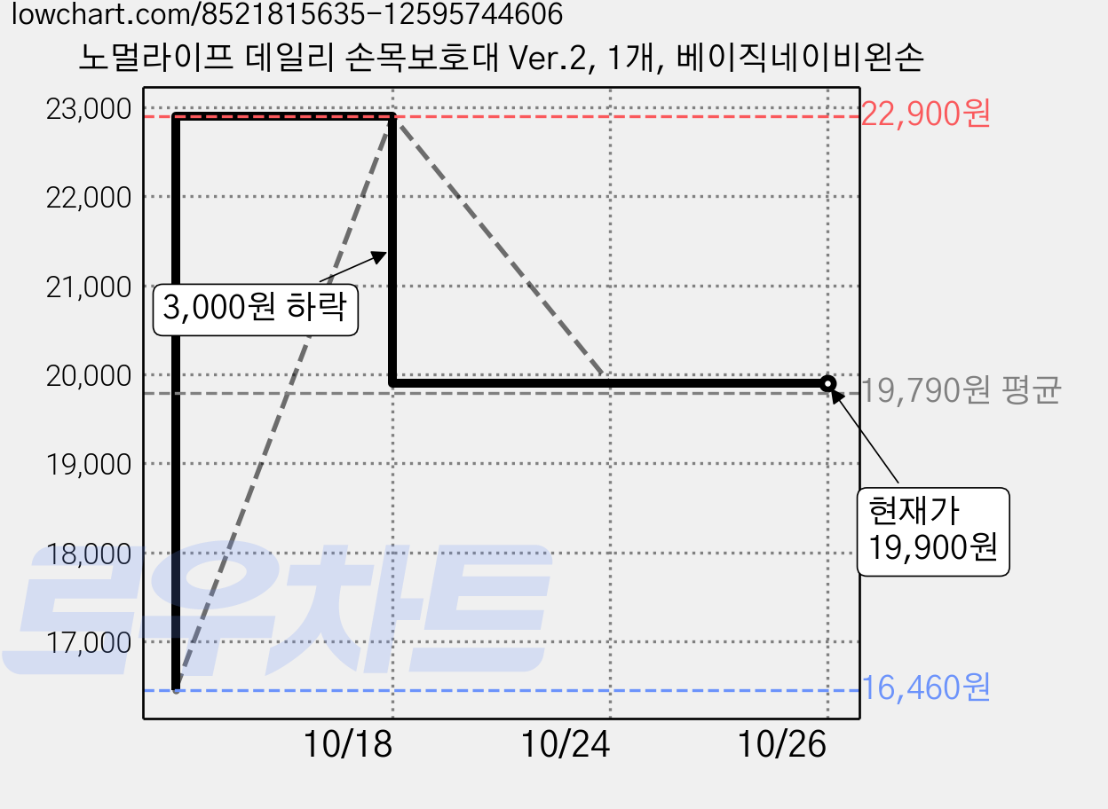 노멀라이프 데일리 손목보호대 Ver.2, 1개, 베이직네이비왼손 가격 변동 차트, 현재가 19,900원, 관측 최저가 16,460원