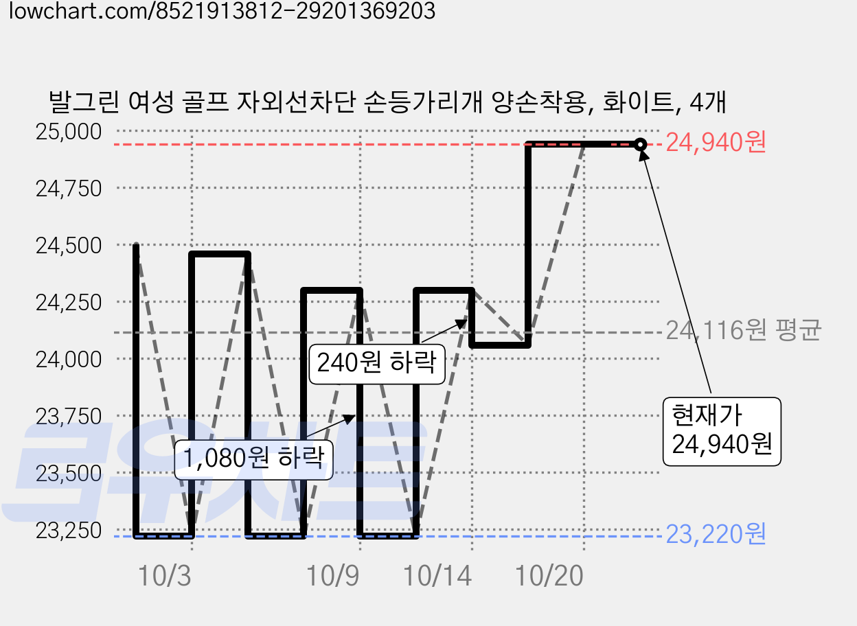 발그린 여성 골프 자외선차단 손등가리개 양손착용, 화이트, 4개 가격 변동 차트, 현재가 24,300원, 관측 최저가 23,220원