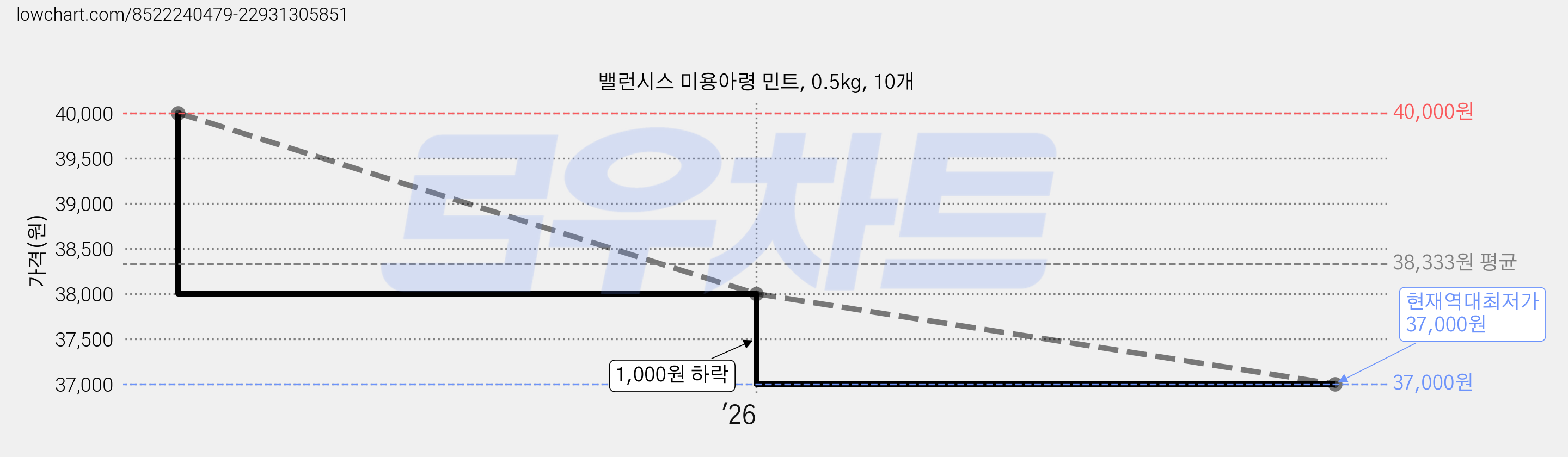 밸런시스 미용아령 민트, 0.5kg, 10개 가격 변동 차트, 현재가 37,000원, 역대최저가
