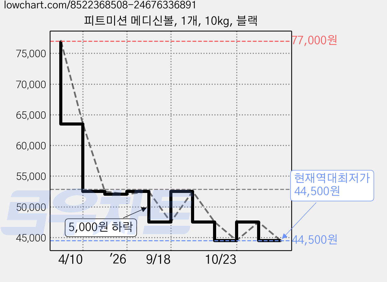 피트미션 메디신볼, 1개, 10kg, 블랙 가격 변동 차트, 현재가 44,500원, 역대최저가