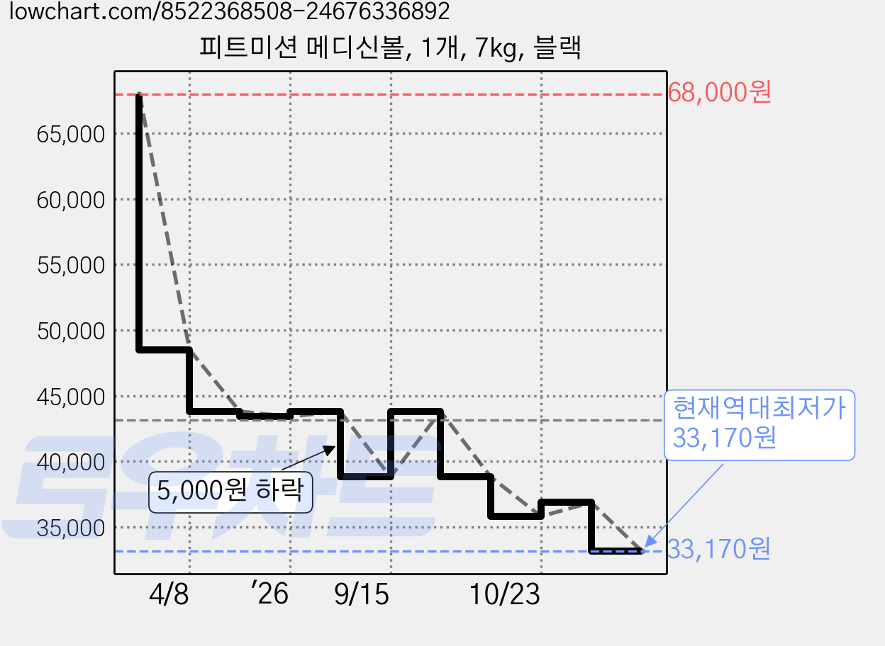 피트미션 메디신볼, 1개, 7kg, 블랙 가격 변동 차트, 현재가 33,170원, 역대최저가