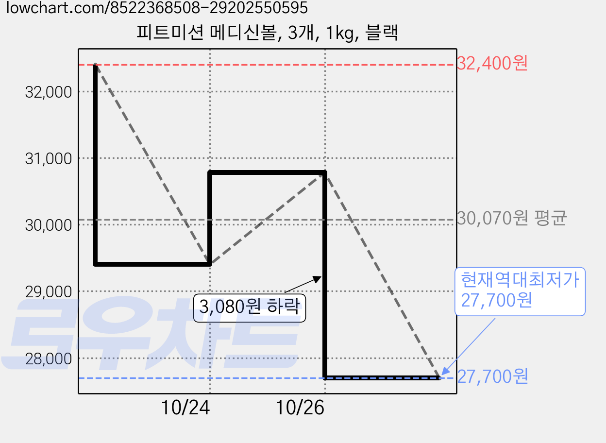 피트미션 메디신볼, 3개, 1kg, 블랙 가격 변동 차트, 현재가 27,700원, 역대최저가