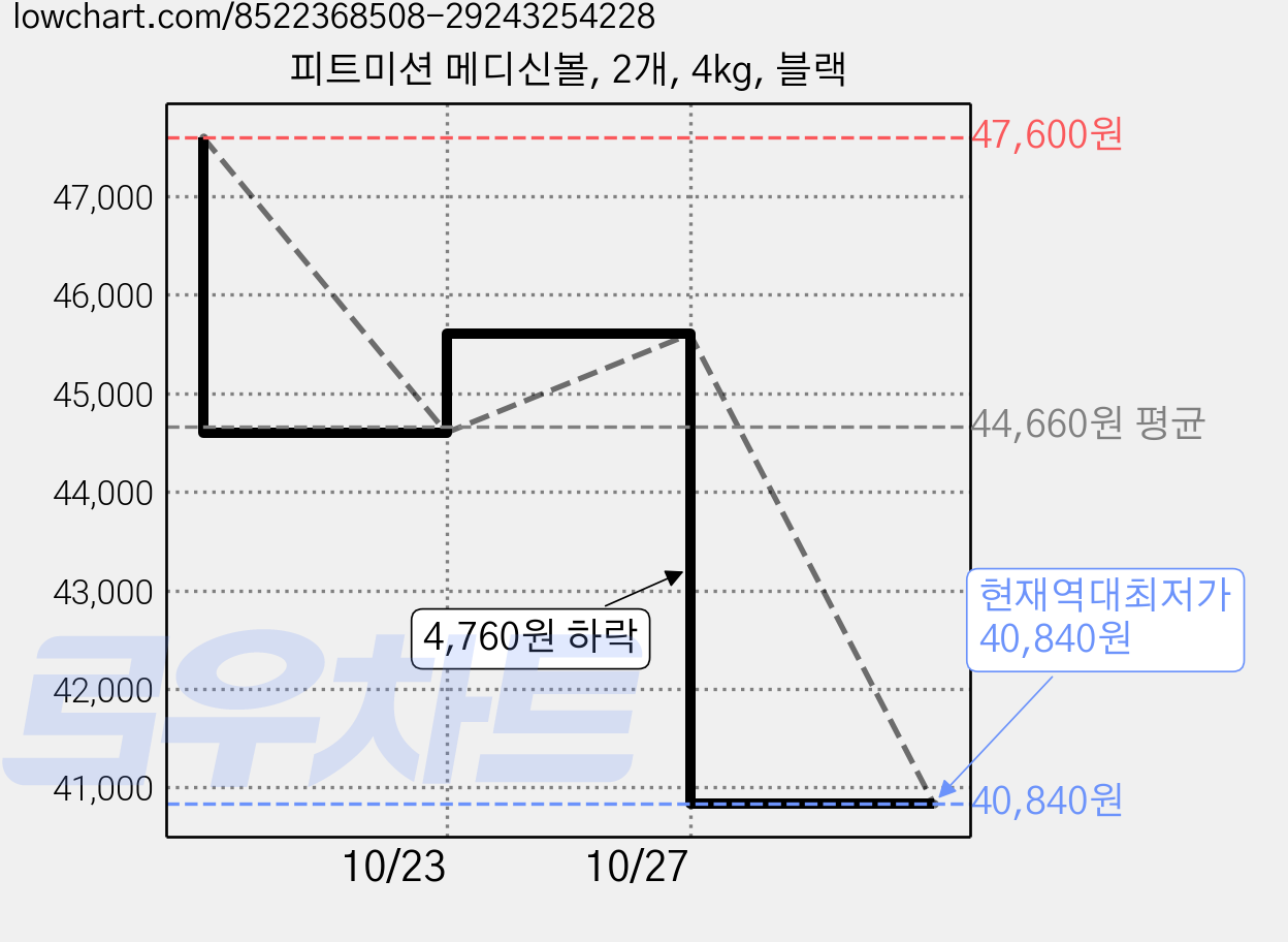 피트미션 메디신볼, 2개, 4kg, 블랙 가격 변동 차트, 현재가 40,840원, 역대최저가
