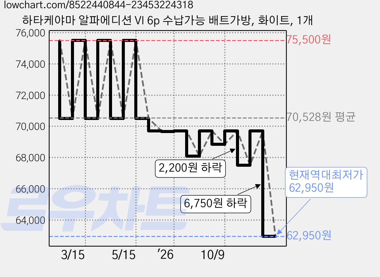 하타케야마 알파에디션 VI 6p 수납가능 배트가방, 화이트, 1개 가격 변동 차트, 현재가 62,950원, 역대최저가
