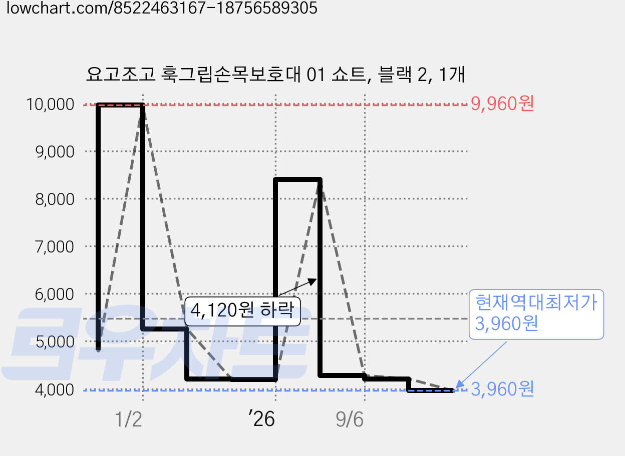 요고조고 훅그립손목보호대 01 쇼트, 블랙 2, 1개 가격 변동 차트, 현재가 3,960원, 역대최저가