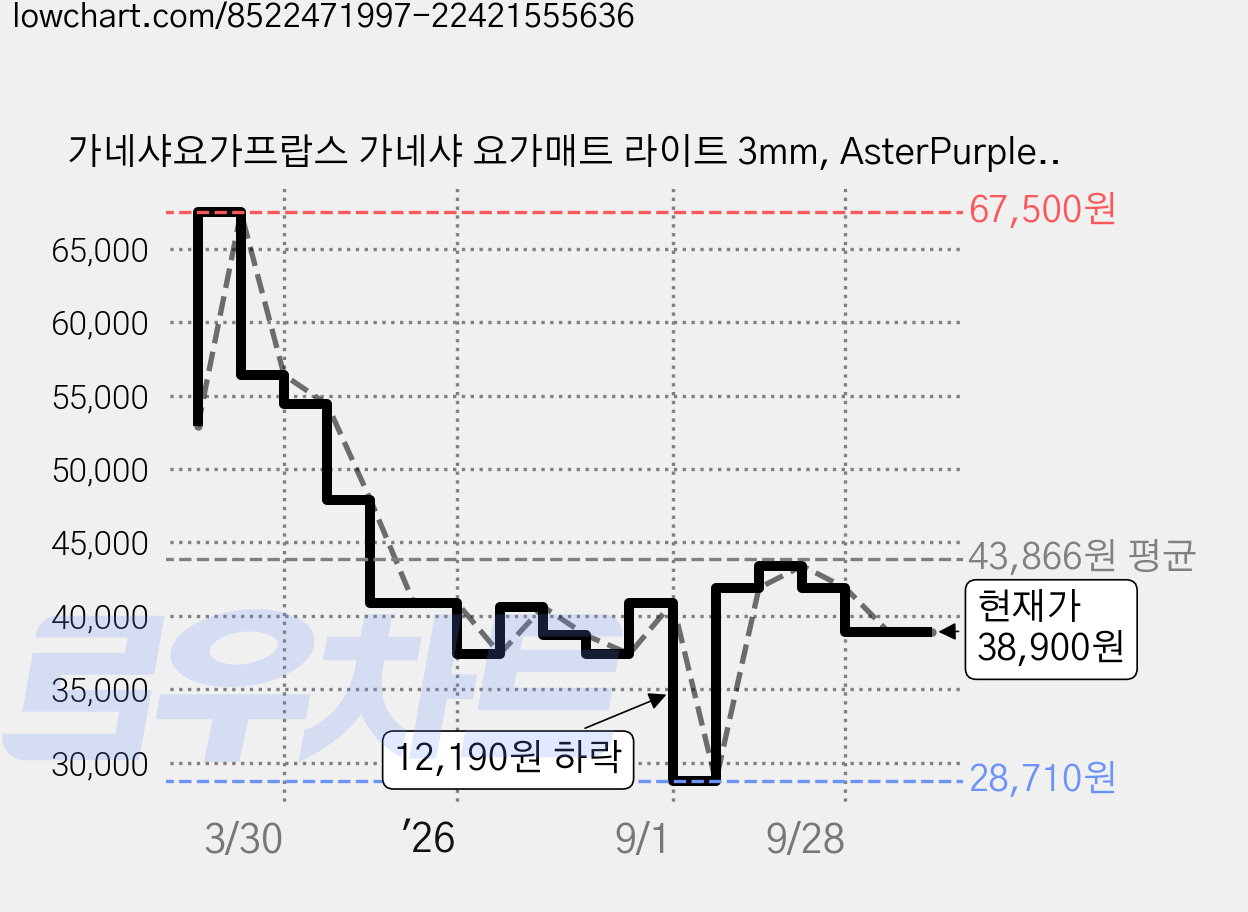 가네샤요가프랍스 가네샤 요가매트 라이트 3mm, AsterPurple, 1개 가격 변동 차트, 현재가 38,900원, 관측 최저가 28,710원