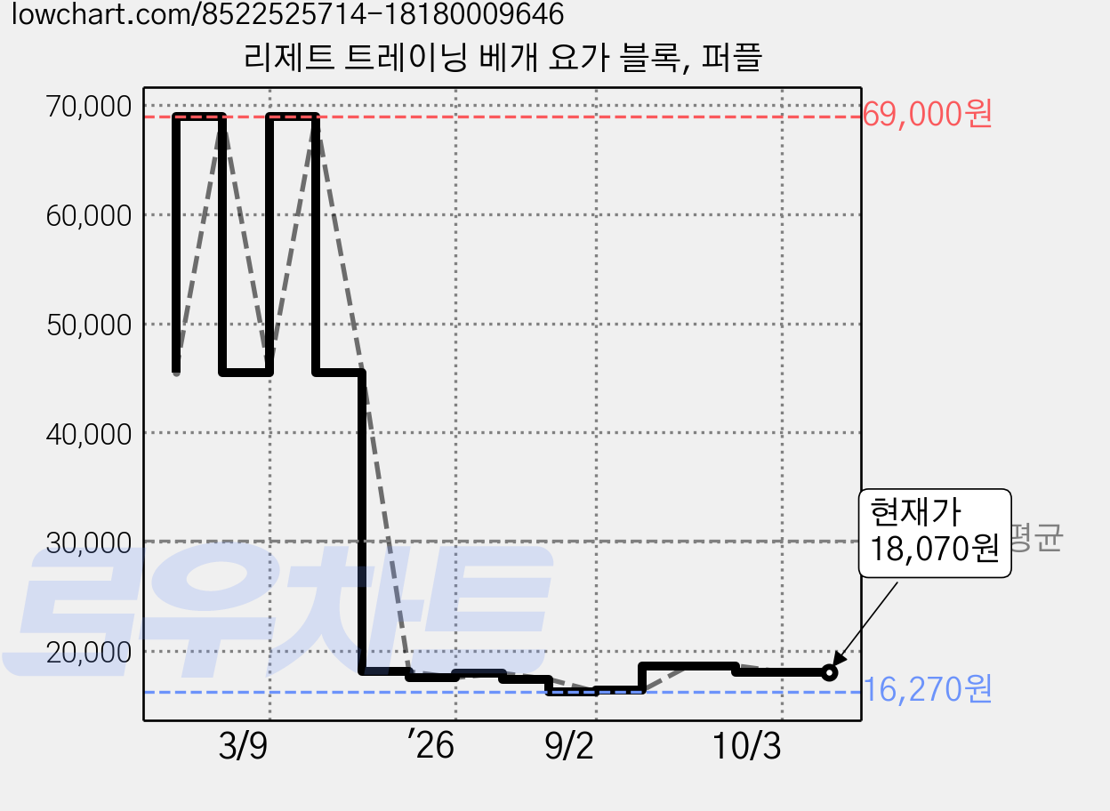 리제트 트레이닝 베개 요가 블록, 퍼플 가격 변동 차트, 현재가 18,070원, 관측 최저가 16,270원