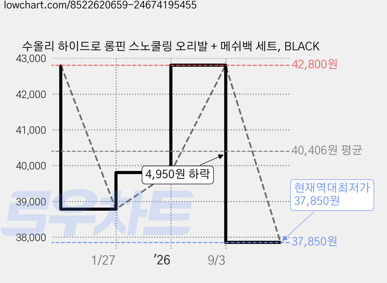 수올리 하이드로 롱핀 스노쿨링 오리발 + 메쉬백 세트, BLACK 가격 변동 차트, 현재가 37,850원, 역대최저가