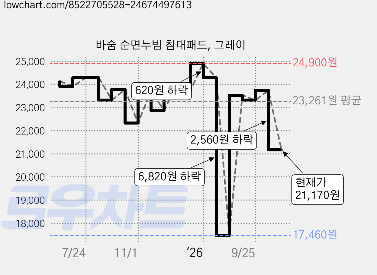 바숨 순면누빔 침대패드, 그레이 가격 변동 차트, 현재가 21,170원, 관측 최저가 17,460원