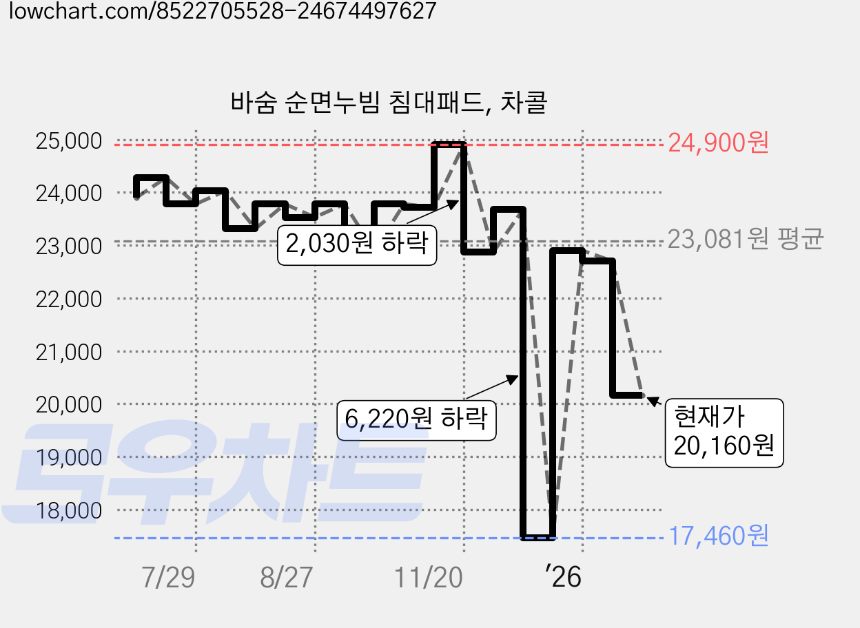 바숨 순면누빔 침대패드, 차콜 가격 변동 차트, 현재가 20,160원, 관측 최저가 17,460원