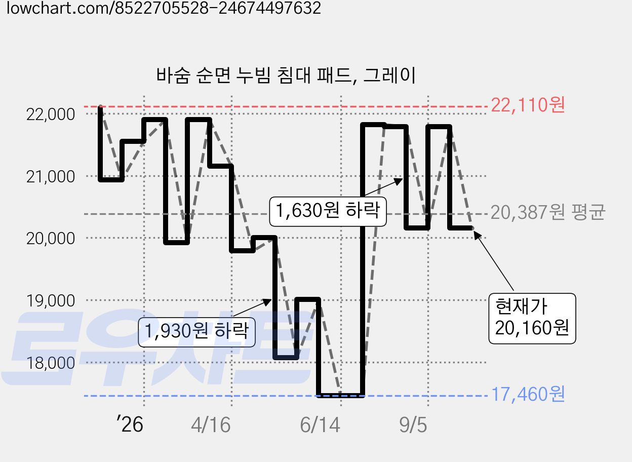 바숨 순면 누빔 침대 패드, 그레이 가격 변동 차트, 현재가 20,160원, 관측 최저가 17,430원