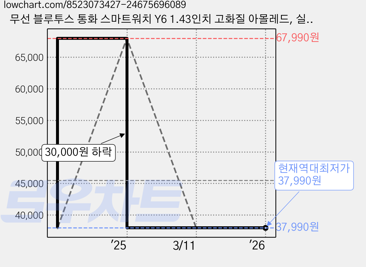 무선 블루투스 통화 스마트워치 Y6 1.43인치 고화질 아몰레드, 실버, 36mm, GPS + 블루투스 가격 변동 차트, 현재가 37,990원, 역대최저가