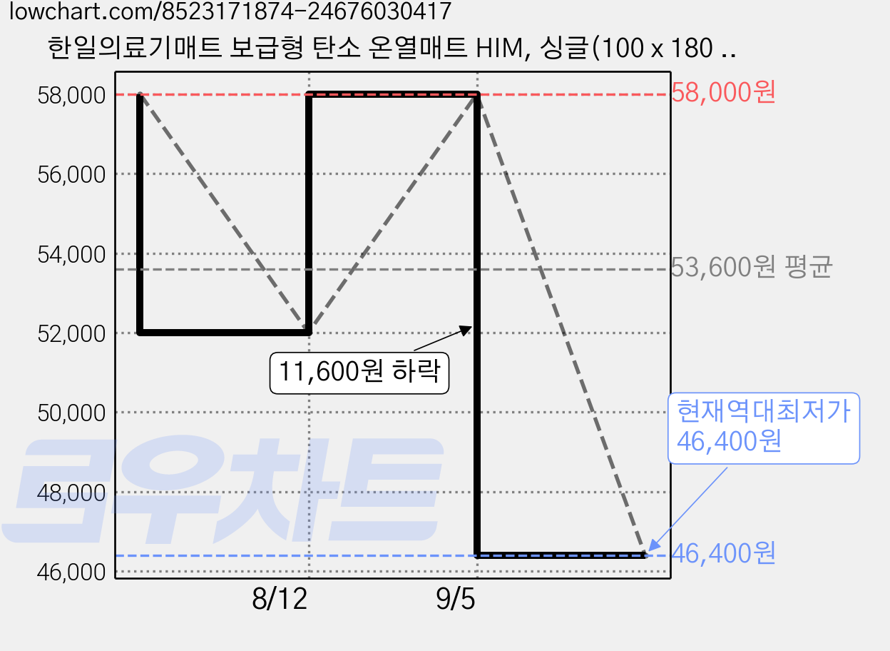 한일의료기매트 보급형 탄소 온열매트 HIM, 싱글(100 x 180 cm) 가격 변동 차트, 현재가 46,400원, 역대최저가