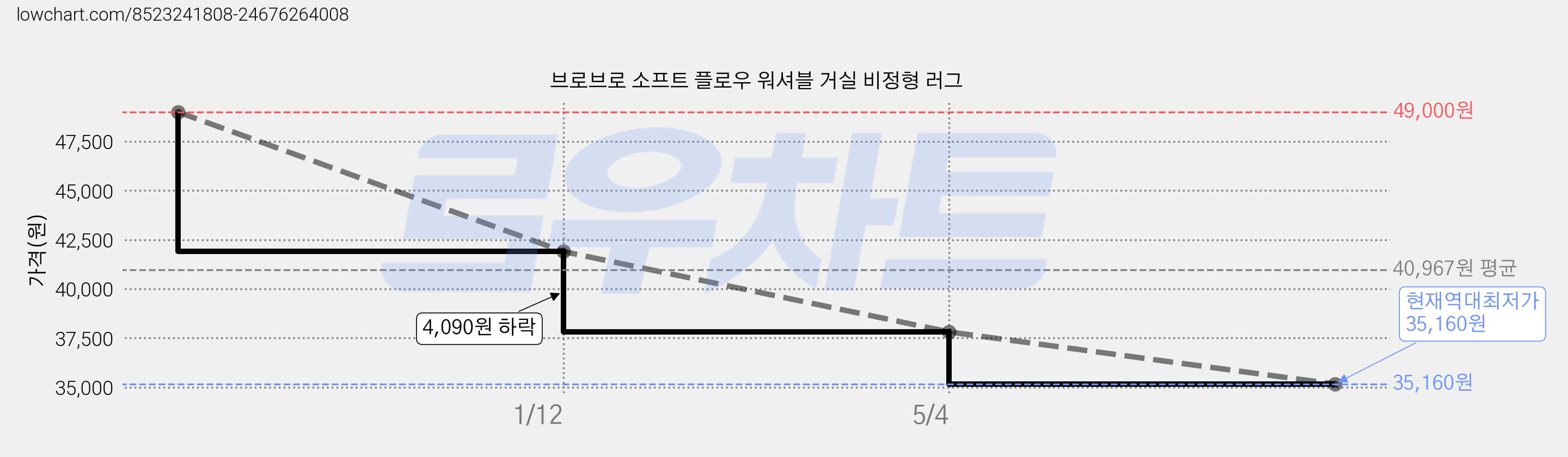 브로브로 소프트 플로우 워셔블 거실 비정형 러그 가격 변동 차트, 현재가 35,160원, 역대최저가