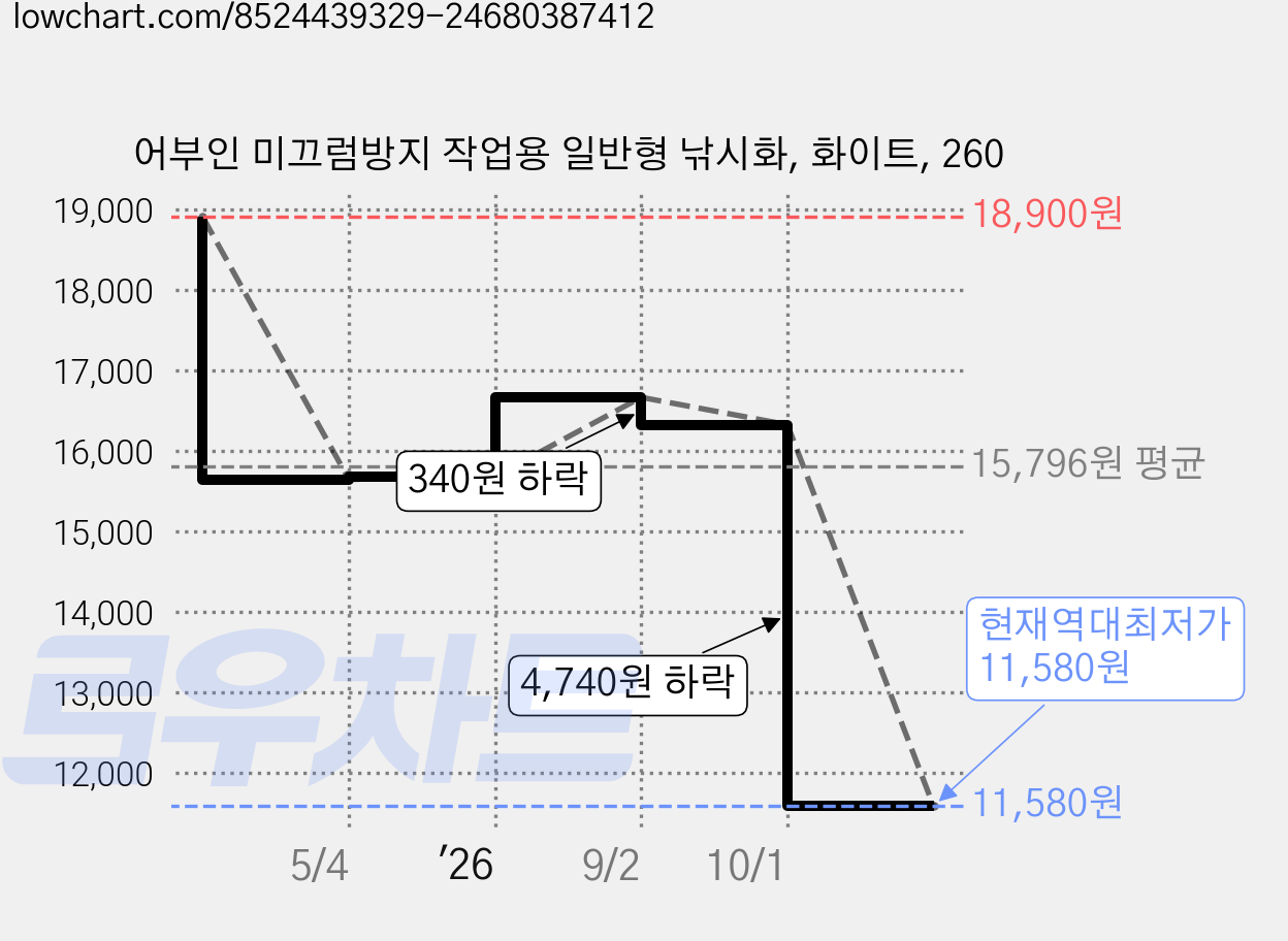 어부인 미끄럼방지 작업용 일반형 낚시화, 화이트, 260 가격 변동 차트, 현재가 11,580원, 역대최저가