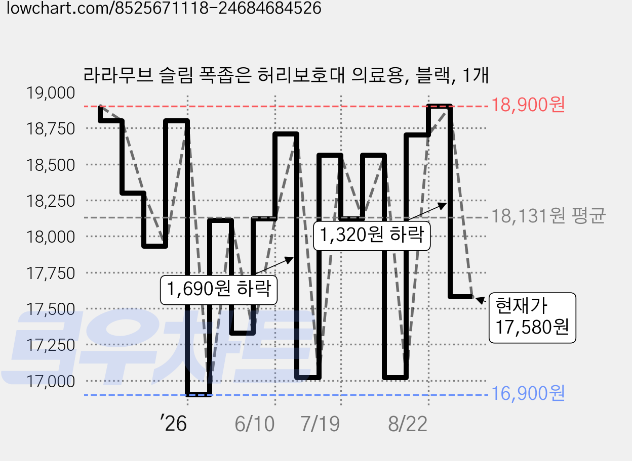 라라무브 슬림 폭좁은 허리보호대 의료용, 블랙, 1개 가격 변동 차트, 현재가 17,580원, 관측 최저가 16,900원