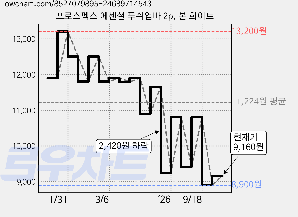 프로스펙스 에센셜 푸쉬업바 2p, 본 화이트 가격 변동 차트, 현재가 9,160원, 관측 최저가 8,900원