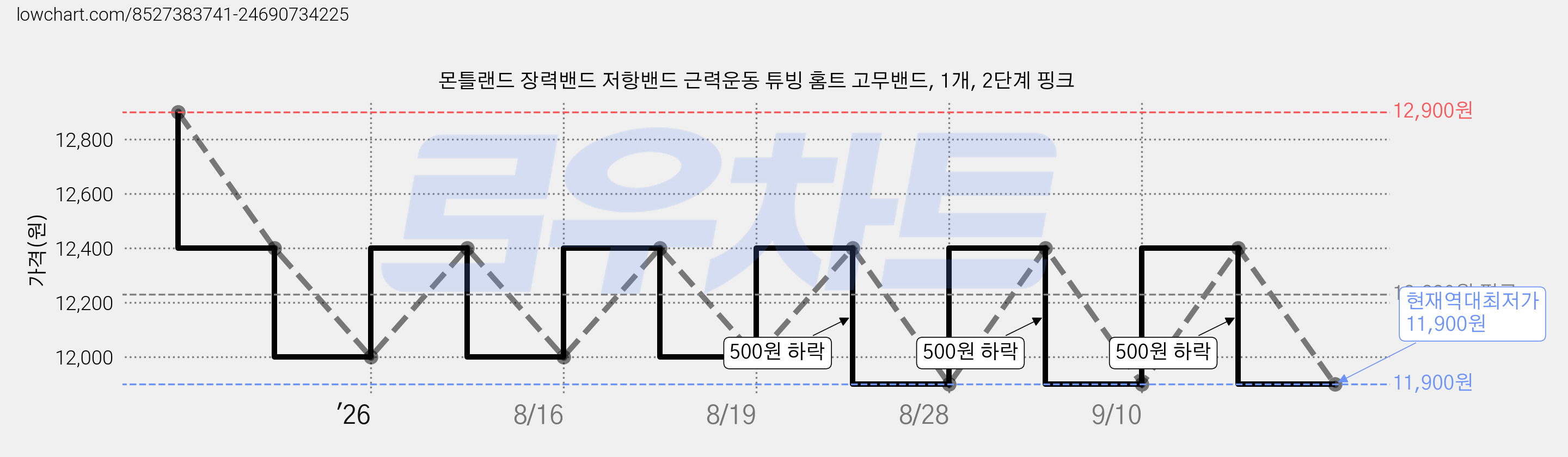 몬틀랜드 장력밴드 저항밴드 근력운동 튜빙 홈트 고무밴드, 1개, 2단계 핑크 가격 변동 차트, 현재가 11,900원, 역대최저가