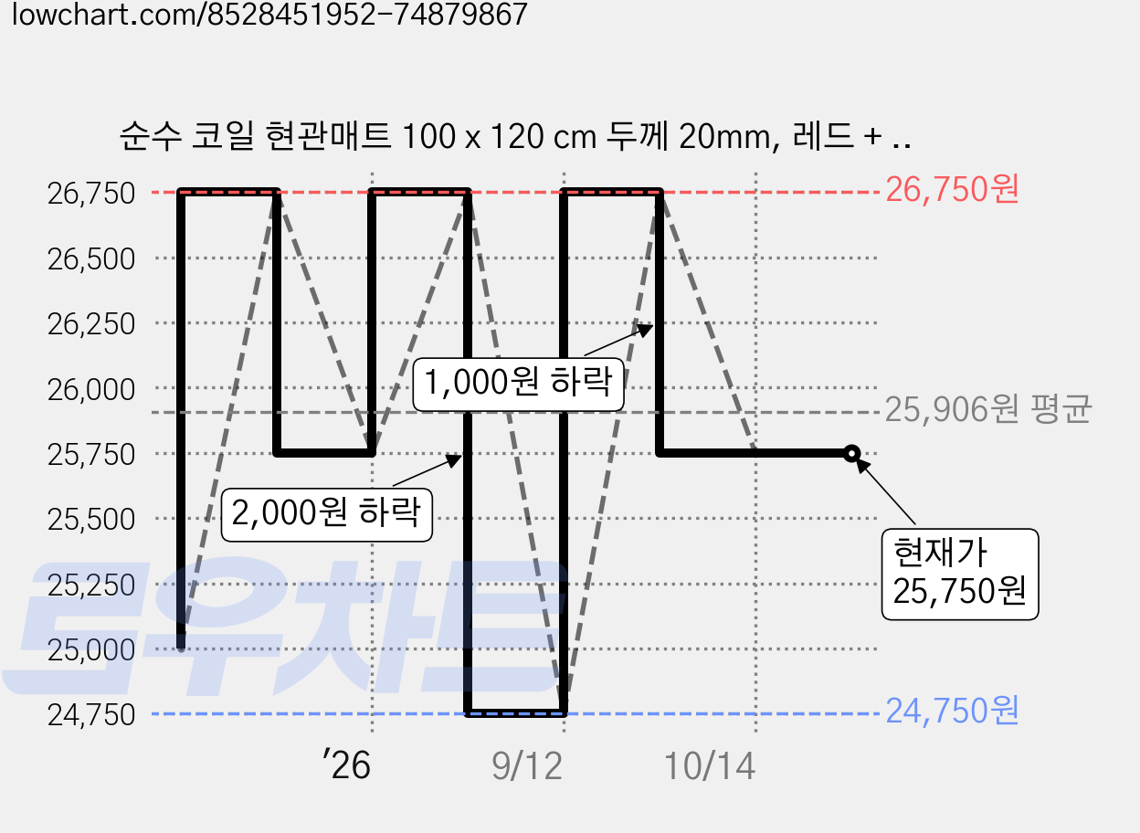 순수 코일 현관매트 100 x 120 cm 두께 20mm, 레드 + 블랙, 1개 가격 변동 차트, 현재가 25,750원, 관측 최저가 24,750원