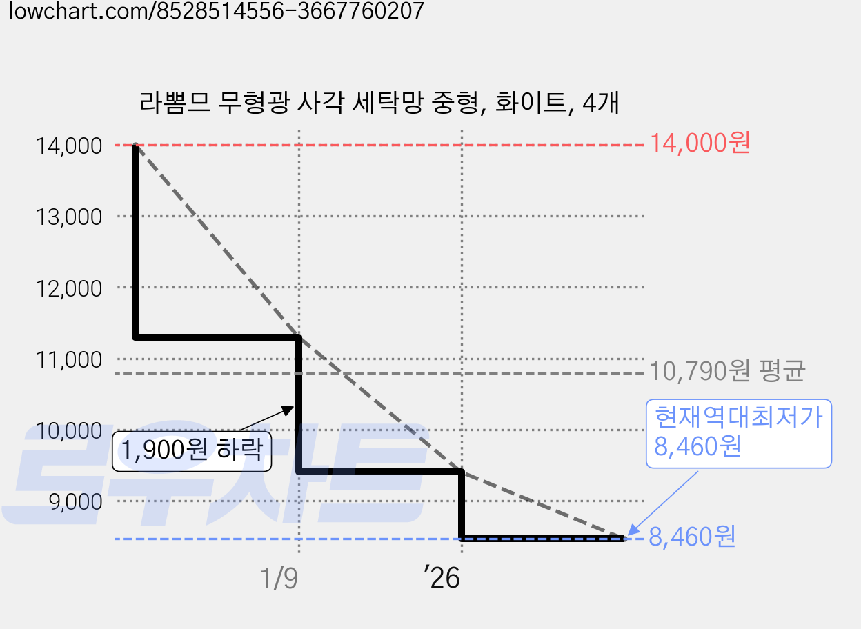 라뽐므 무형광 사각 세탁망 중형, 화이트, 4개 가격 변동 차트, 현재가 8,460원, 역대최저가