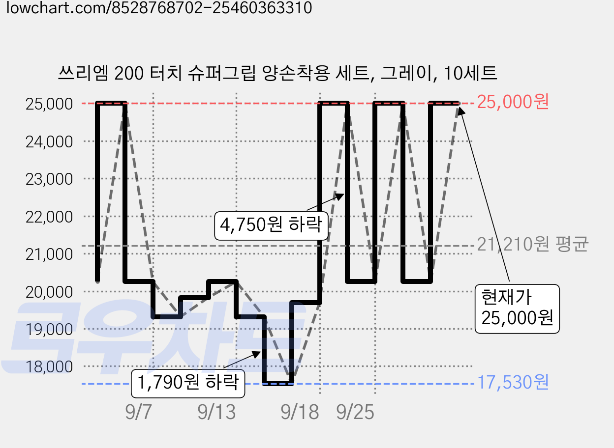 쓰리엠 200 터치 슈퍼그립 양손착용 세트, 그레이, 10세트 가격 변동 차트, 현재가 25,000원, 관측 최저가 17,530원