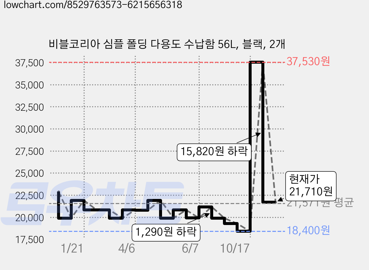 비블코리아 심플 폴딩 다용도 수납함 56L, 블랙, 2개 가격 변동 차트, 현재가 21,710원, 관측 최저가 17,900원