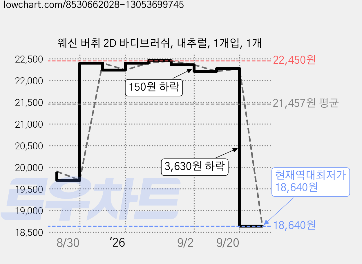 웨신 버취 2D 바디브러쉬, 내추럴, 1개입, 1개 가격 변동 차트, 현재가 18,640원, 역대최저가