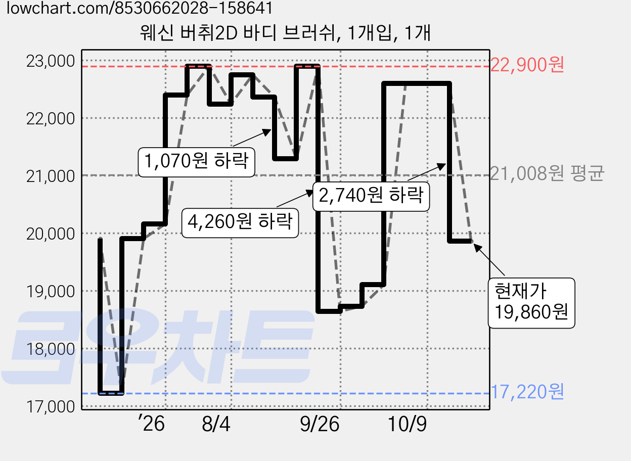 웨신 버취2D 바디 브러쉬, 1개입, 1개 가격 변동 차트, 현재가 19,860원, 관측 최저가 17,220원