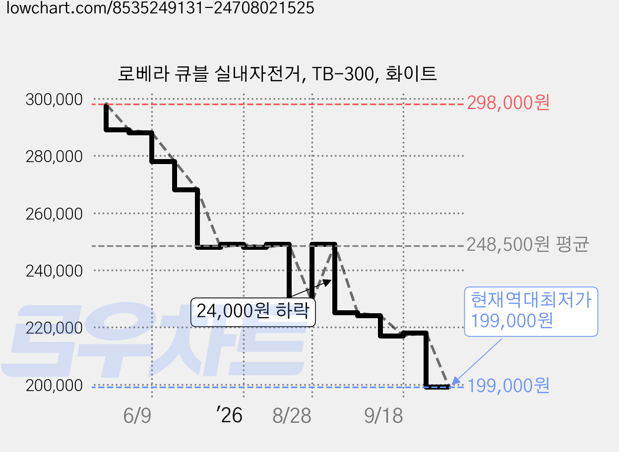 로베라 큐블 실내자전거, TB-300, 화이트 가격 변동 차트, 현재가 199,000원, 역대최저가