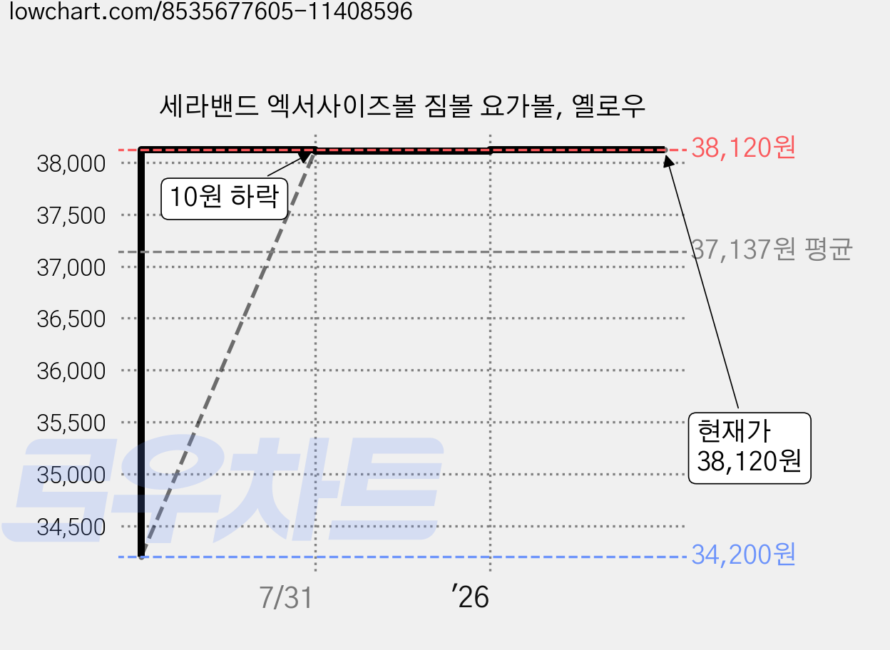세라밴드 엑서사이즈볼 짐볼 요가볼, 옐로우 가격 변동 차트, 현재가 38,120원, 관측 최저가 34,200원