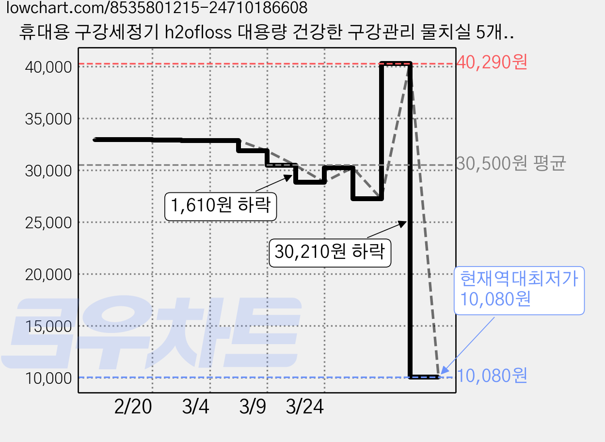 휴대용 구강세정기 h2ofloss 대용량 건강한 구강관리 물치실 5개노즐팁, 화이트 가격 변동 차트, 현재가 10,080원, 역대최저가