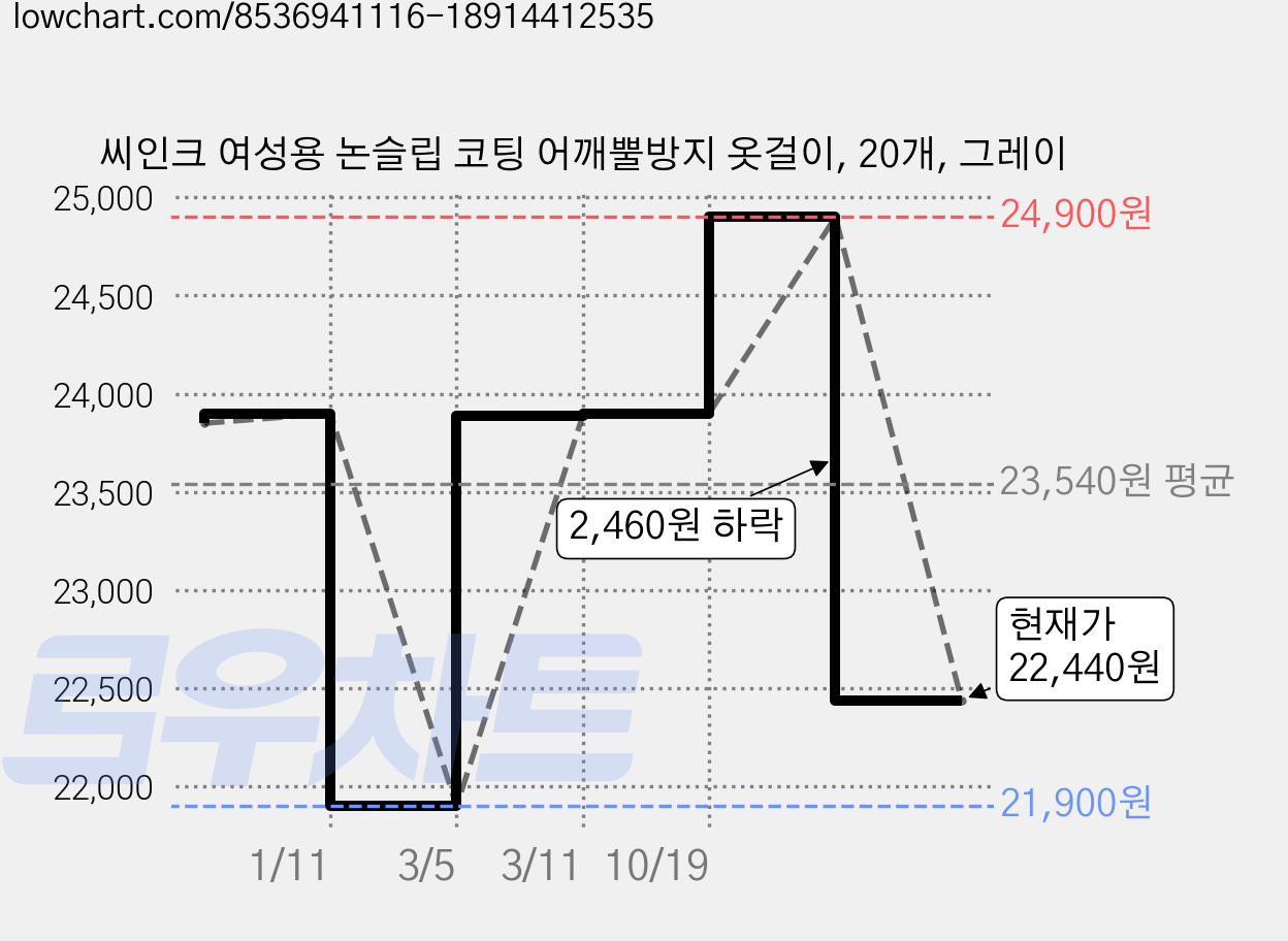 씨인크 여성용 논슬립 코팅 어깨뿔방지 옷걸이, 20개, 그레이 가격 변동 차트, 현재가 22,440원, 관측 최저가 21,900원