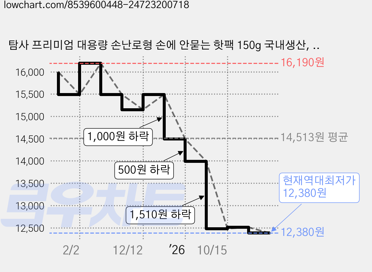 탐사 프리미엄 대용량 손난로형 손에 안묻는 핫팩 150g 국내생산, 30개 가격 변동 차트, 현재가 12,380원, 역대최저가