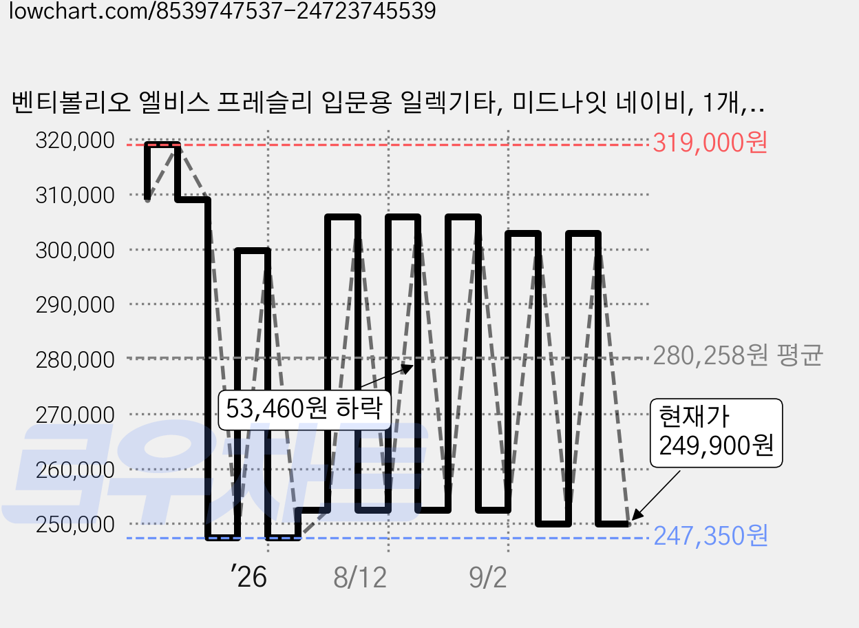 벤티볼리오 엘비스 프레슬리 입문용 일렉기타, 미드나잇 네이비, 1개, ET200S 가격 변동 차트, 현재가 249,900원, 관측 최저가 247,350원