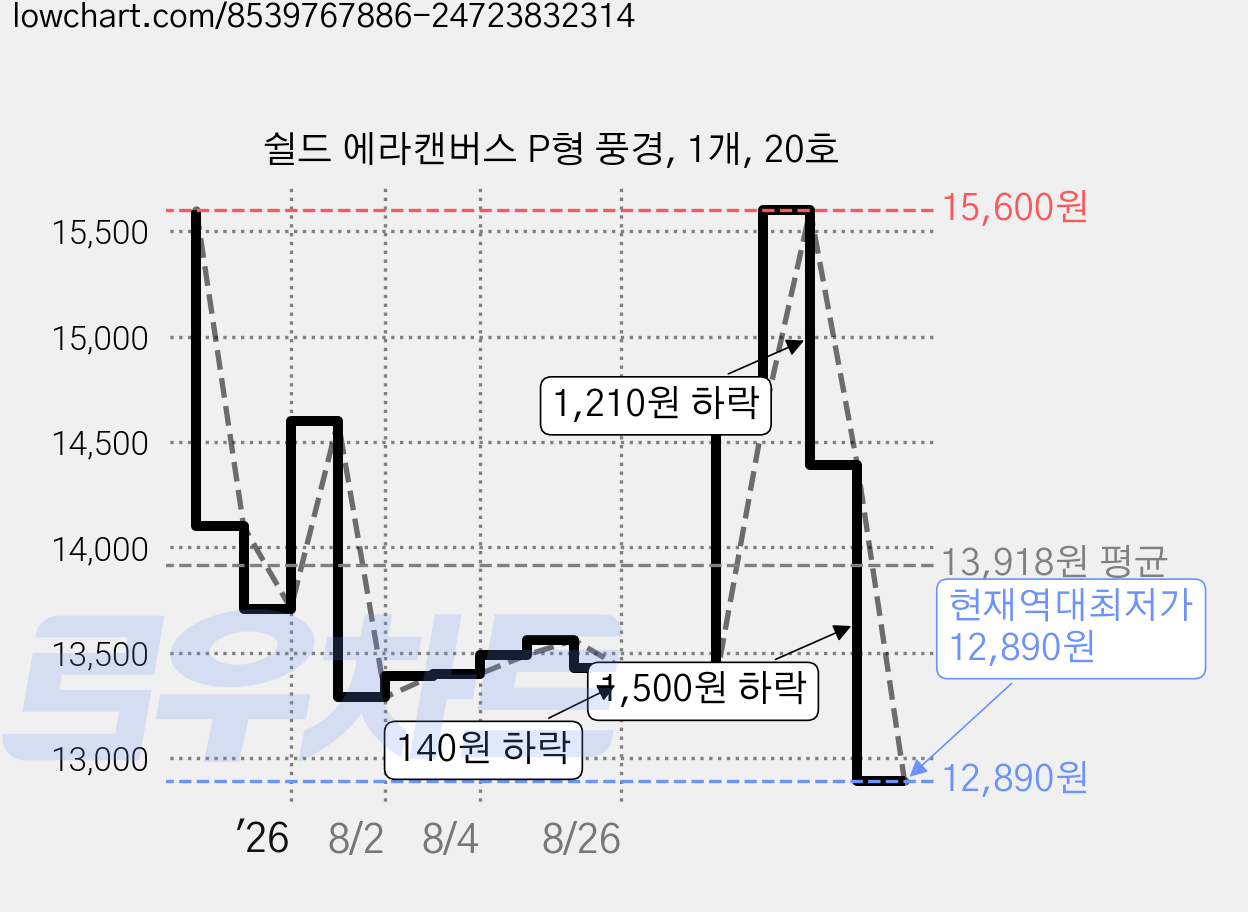 쉴드 에라캔버스 P형 풍경, 1개, 20호 가격 변동 차트, 현재가 12,890원, 역대최저가