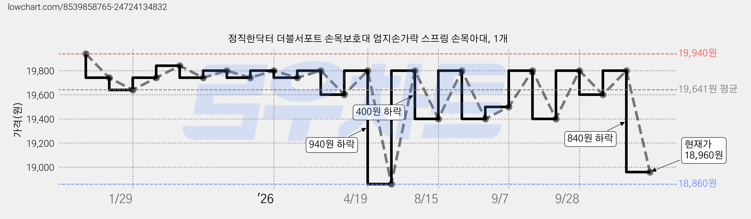 정직한닥터 더블서포트 손목보호대 엄지손가락 스프링 손목아대, 1개 가격 변동 차트, 현재가 18,960원, 관측 최저가 18,860원