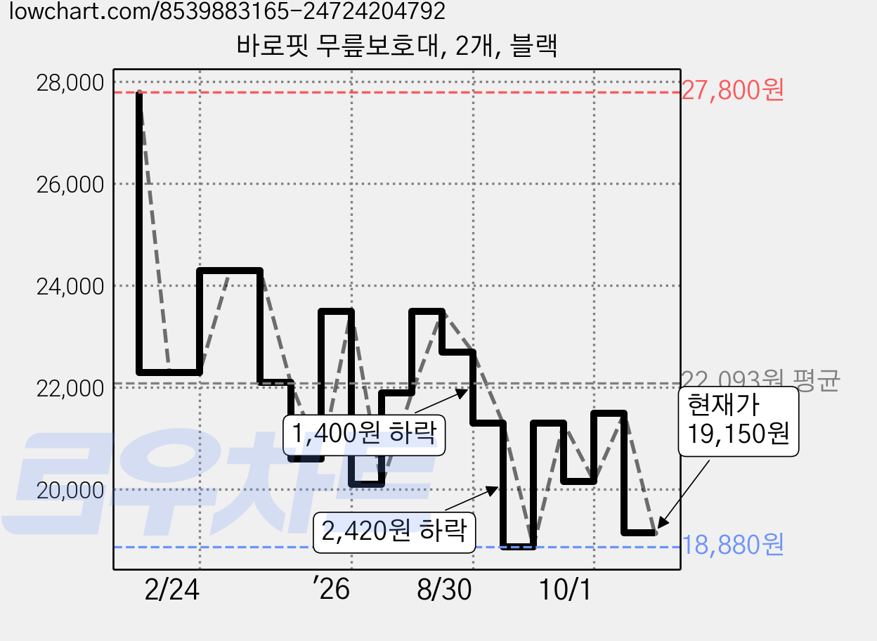 바로핏 무릎보호대, 2개, 블랙 가격 변동 차트, 현재가 19,150원, 관측 최저가 18,880원